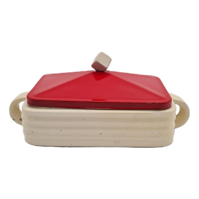 Ceramic Butter Dish with a Red Metal Lid, 1950s For Sale
