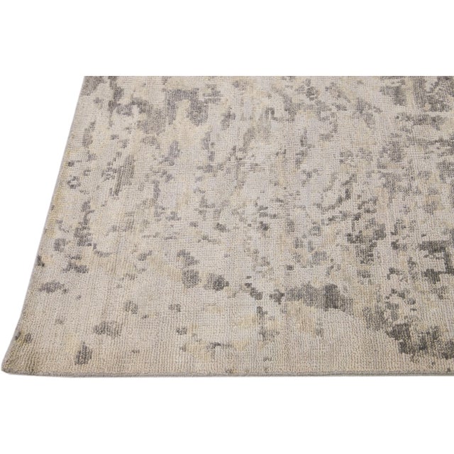 Contemporary Abstract Handmade Gray & Beige Wool Rug For Sale - Image 4 of 8