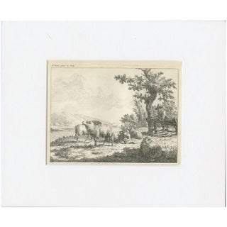 F. Faber, Shepherd Resting Against a Fence, 18th Century, Etching For Sale