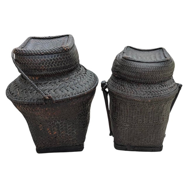 Brown Pair of Tall Handwoven Vintage Ifugao Rice Baskets For Sale - Image 8 of 9