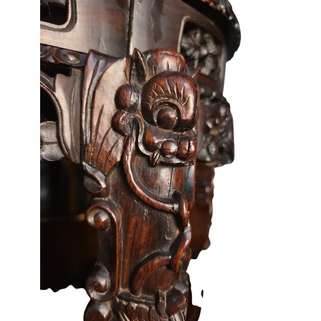 Companion Pair of Late Qing Dynasty–Early Republic Era Cantonese Carved Hardwood Marble-Top Stands For Sale - Image 13 of 14