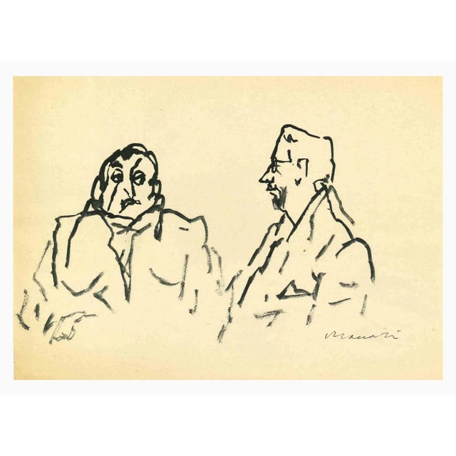 Figures is a black permanent marker Drawing realized by Mino Maccari (1924-1989) in the Mid-20th Century. Hand-signed on...
