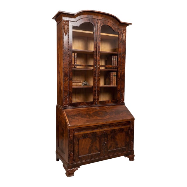 19th-C. Flame Mahogany & Pine Chippendale Revival Secretary Bookcase Cabinet For Sale