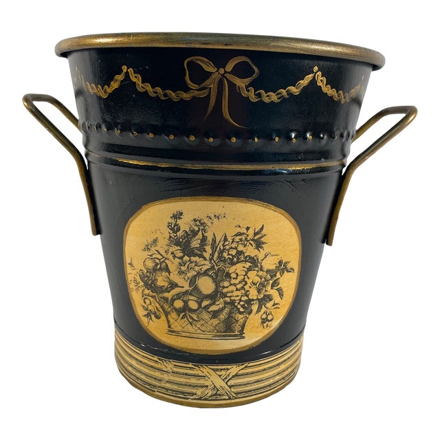 Vintage French Black and Gold Tole Cachepot For Sale