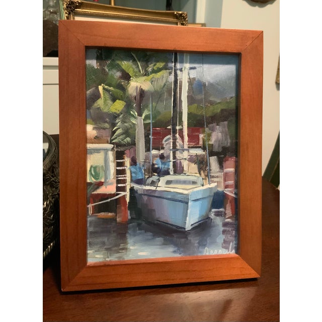 Small Nautical Original Oil Painting by Dipali Rabadiya of Sailboat in Tropical Setting - 5 X 7” in 7.5 X 9.5” Wooden Frame For Sale - Image 4 of 4