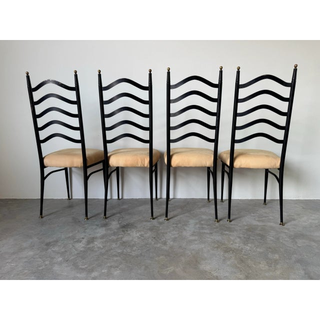 1960s 1970s Vintage Italian Gio Ponti-Style High Ladder Back Metal Dining Chairs With Brasset of 6/ Sold For Sale - Image 5 of 12