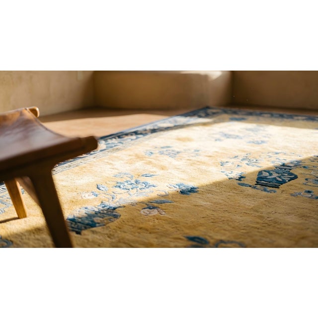 Blue Beautiful Gold and Blue Color With Chinoiserie Design Antique Chinese Art Deco Rug For Sale - Image 8 of 8