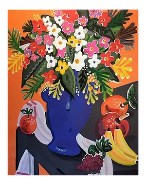 Bouquet, Pop Art Style and Classical, Framed Colorful Still-Life Flower Painting, 2018
