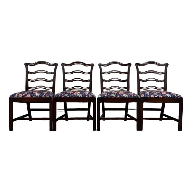 Vintage Chippendale Style Ladder Back Ribbon Back Dining Chairs - Set of 4 For Sale