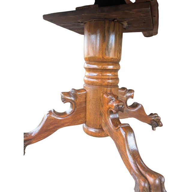 Antique Carved Oak Lion Head Pedestal Dining Table With 3 Leaves - 42" to 69" For Sale - Image 4 of 16