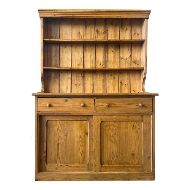 Antique English Pine Dresser With Sliding Door Base For Sale