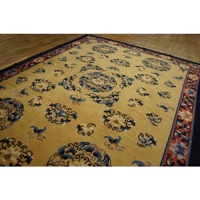 1980s Beige Medallion Vintage Modern Chinese Peking Carpet 9'4" X 12'3" Knotted Wool Rug For Sale - Image 4 of 12