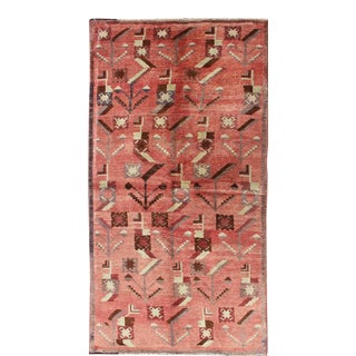 Turkish Oushak Vintage Carpet With Tribal Figures Set Soft Red Pink Background For Sale