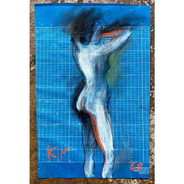1968 pastel drawing of a standing female nude on blueprint paper by artist Katherine Yares. This comes from her student...