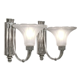 Petitot & Degue French Art Deco Nickeled Bronze & Frosted Glass Modernist Wall Sconces 1930s - A Pair For Sale