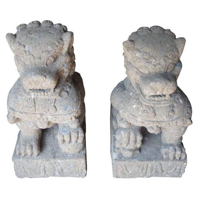 Chinese Late 20th Century Vintage Chinese Concrete Foo Dogs Guardian Lion Statues- A Pair For Sale - Image 3 of 13