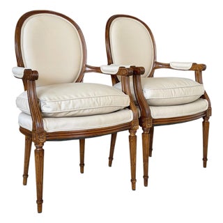 Pair of Antique French Louis XVI Style Oval Back Fauteuil Armchairs For Sale