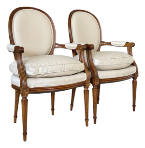 Pair of Antique French Louis XVI Style Oval Back Fauteuil Armchairs