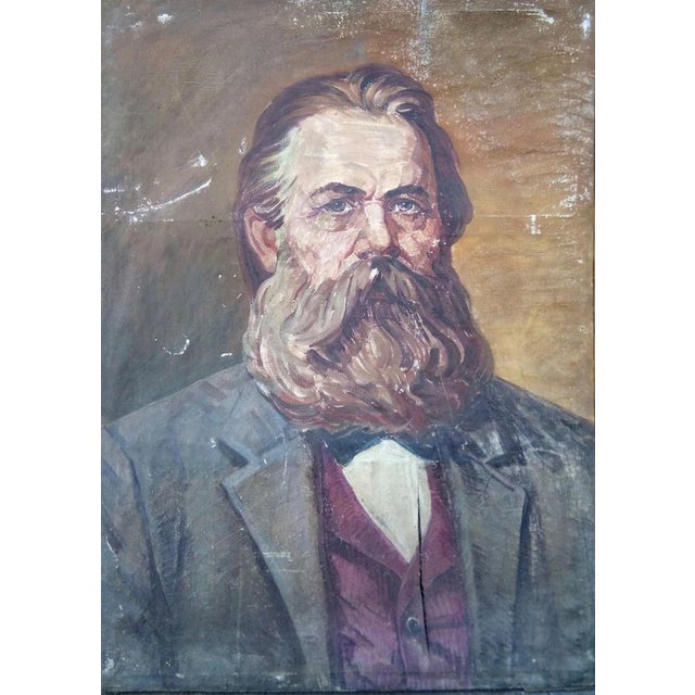 1970s Friedrich Engels Portrait, Antique Oil Painting, Ukrainian Art 180-130 For Sale
