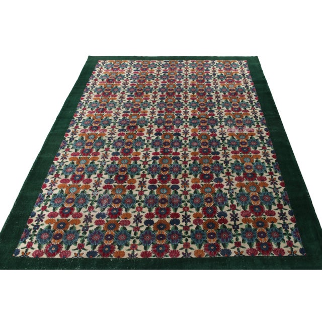 Art Deco 1960s Hand-Knotted Vintage Art Deco Rug in Green, Beige, Blue Floral Pattern For Sale - Image 3 of 7