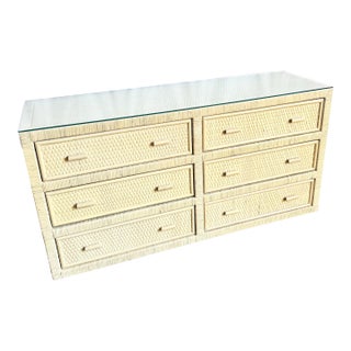 Boho Chic White Washed Wrapped Wicker Glass Top Dresser For Sale