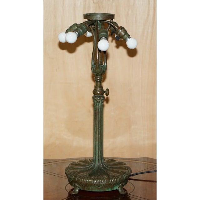 Glass Antique Original Tiffany Studios Nyc O'Brien Bronze Height Adjustable Table Lamp For Sale - Image 7 of 18