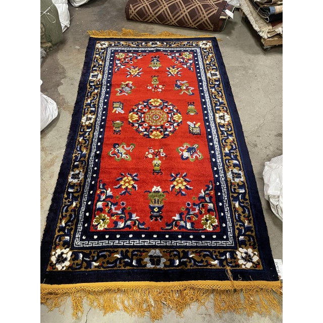 Vintage 1950s Chinese Art Deco Silk Rug, Red Field Floral Medallion, 4'2" X 7'1" (128cm X 216cm) For Sale - Image 4 of 5