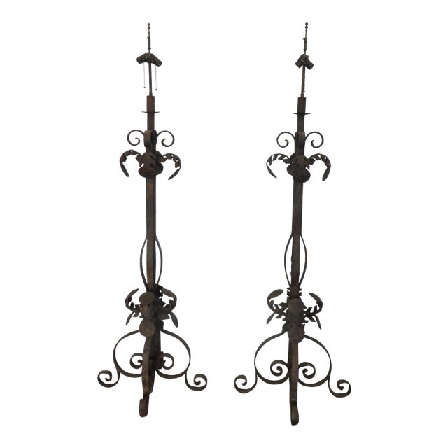 Vintage Wrought Iron Palm Beach Style Floor Lamps - a Pair For Sale