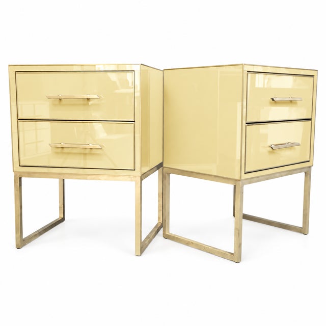 Butter-yellow Murano glass lends a gentle, sunlit character to this Italian pair of bedside tables. Each nightstand has...