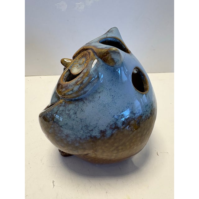 Mid 20th Century Mid-Century Studio Pottery Owl Candle Holder in Mottled Blue Glaze Luminary Decor For Sale - Image 5 of 8