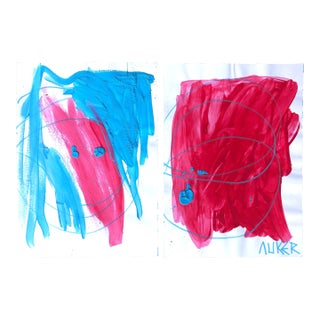 Cassandra Auker Contemporary Painting Diptych on Paper “Turquoise and Coral” For Sale