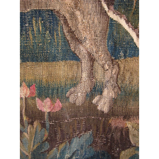 Green Flemish Verdure Tapestry Two Herons Eating a Frog , Fantasized Giraffe and Boat , Circa 1700 For Sale - Image 8 of 18