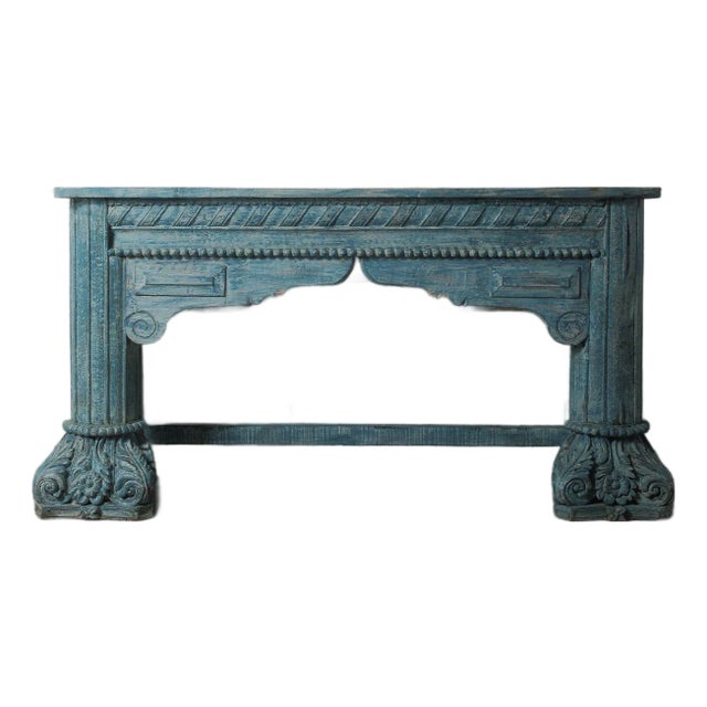 Mid 20th Century Carved Blue Wooden Console Table For Sale