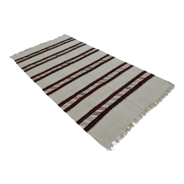 Vintage Natural Stripe Turkish Cotton Kilim Rug - 4′3″ × 8′ For Sale