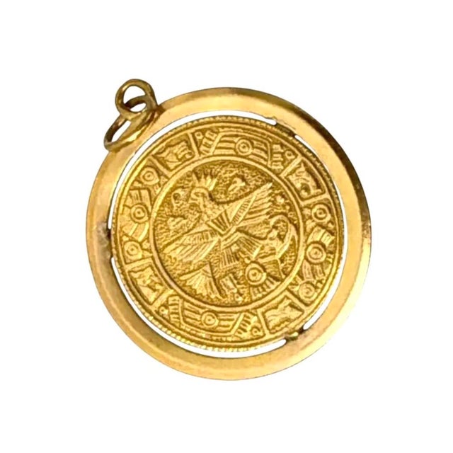14k Gold Aztec Calendar Medallion Pendant Vintage For Sale - Image 4 of 7