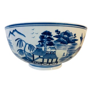 Enormous Vintage Blue and White Chinoiserie Bowl For Sale