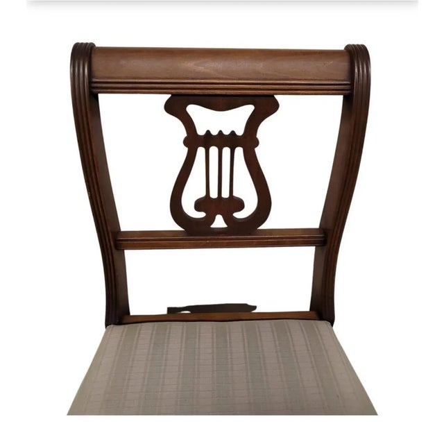 Set of Six 1930s Refinished Lyre-Back Mahogany and Upholstered Dining Chairs. Newer upholstery. Beautiful hand-rub finish...