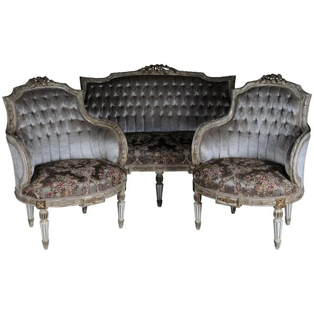 Louis XVI French Sofa and Armchairs, Set of 3 For Sale - Image 11 of 11