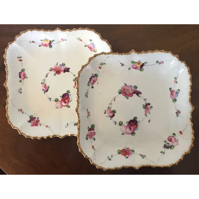 Fine pair early 19th century English Regency square porcelain serving dishes. Decorated with hand painted roses enhanced...