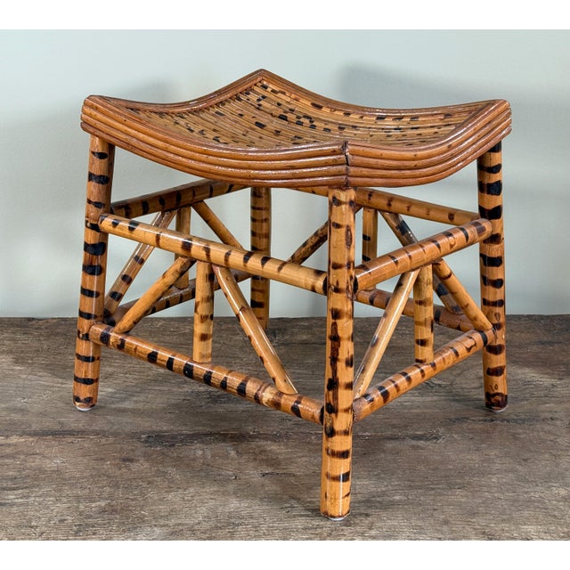 Wood Vintage Tiger Bamboo Slatted Stool Organic Modern McGuire Style For Sale - Image 7 of 8