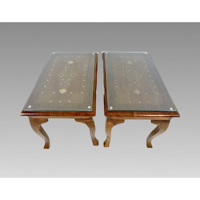 Inlaid Solid Teak Side / End, Drinks Tables, Hand Carved With Copper & Brass, Glass Tops - A Pair For Sale - Image 9 of 9