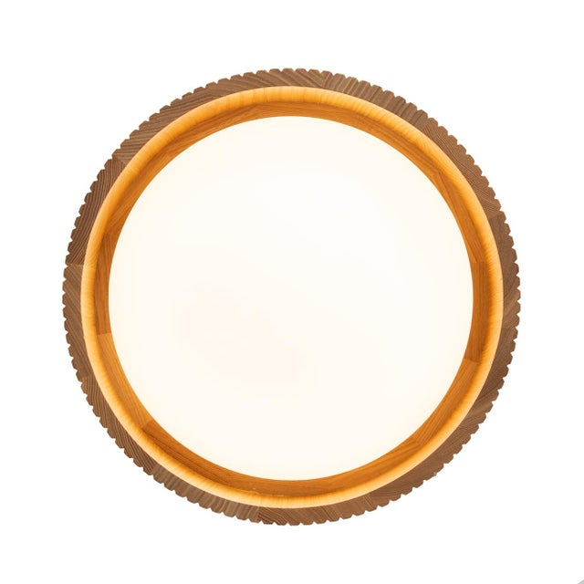 1980s Tambo 14" Flush Mount Ceiling Light - Glass Diffuser, Natural Ash, Weathered Brass, Dimmable For Sale In Los Angeles - Image 6 of 7