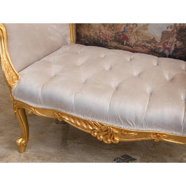 Late20C French Artisan LouisXVI Gold Beige Velvet Settee-1Pc For Sale - Image 6 of 15