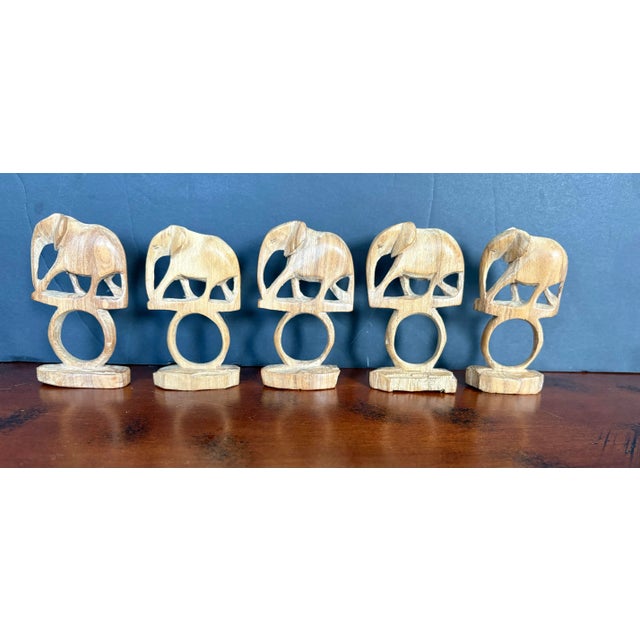 Safari Late 20th Century Hand Carved Wood Elephant Safari Napkin Rings—Boho Kitchen Made in Africa- Set of Six For Sale - Image 3 of 9