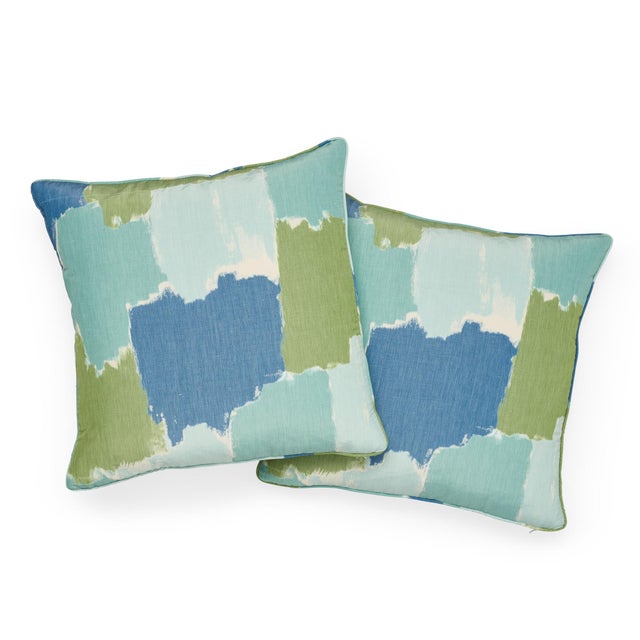 Schumacher Contemporary Schumacher Colorblock Ikat Aqua Linen Two-Sided Pillow For Sale - Image 4 of 7