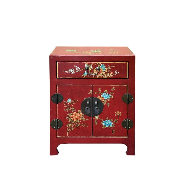 Chinese Red Vinyl Moon Face Flower Birds End Table Nightstand For Sale - Image 4 of 10