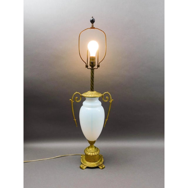 French Antique Gold Ormolu Gilt Bronze Opaline Opalescent Glass Table Lamp. Measures Approximately 10 1/4" long, 6" wide,...
