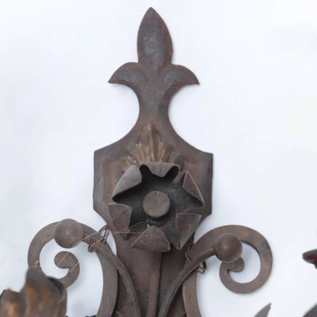 Pair of Antique Wrought Iron Floral Sconces. Circa 1920 For Sale - Image 4 of 10