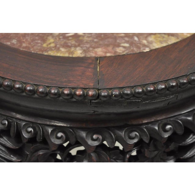 Wood Antique Chinese Carved Hardwood Foo Dog Marble Top 18" Plant Stand Side Table For Sale - Image 7 of 10