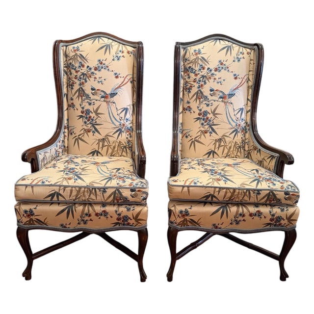 Pair of Vintage Century Furniture Chinoiserie Bergère Wing Chairs With Bird & Bamboo Upholstery For Sale